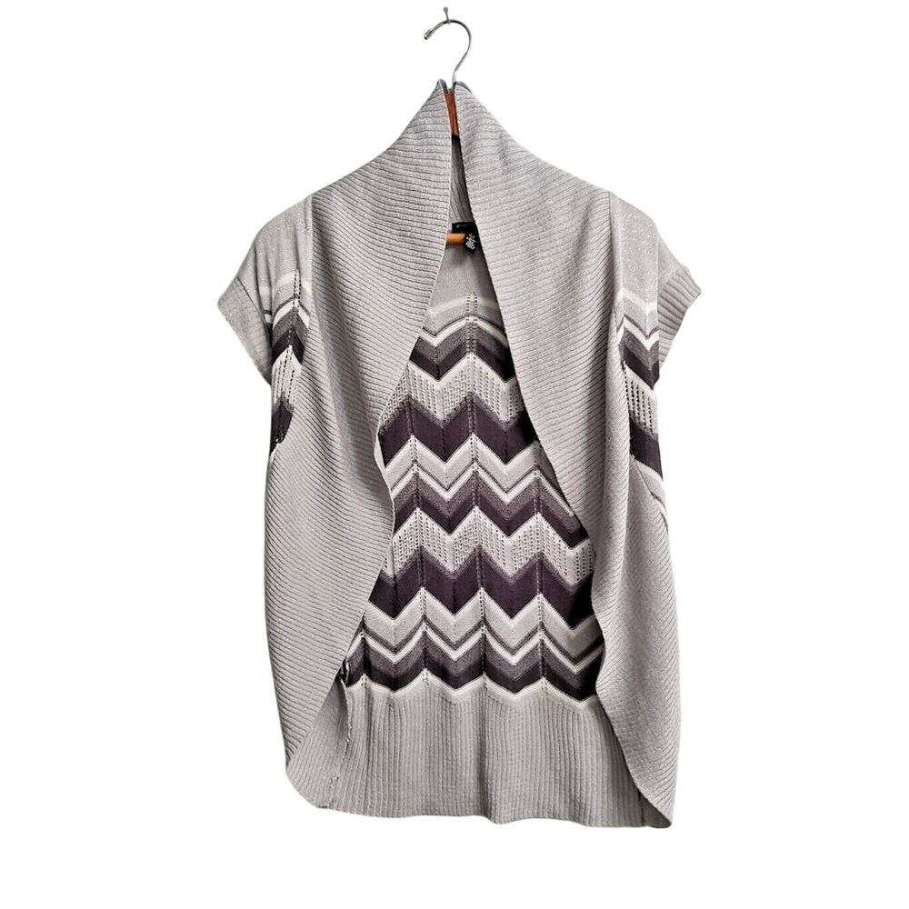 Fang Women's Sparkle Silver Metallic Ribbed Bolero Sweater Gray Black strip L